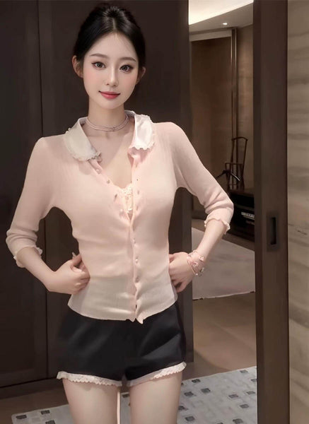 O240031 Silk Collar Long Sleeve Knitted Top *Pink