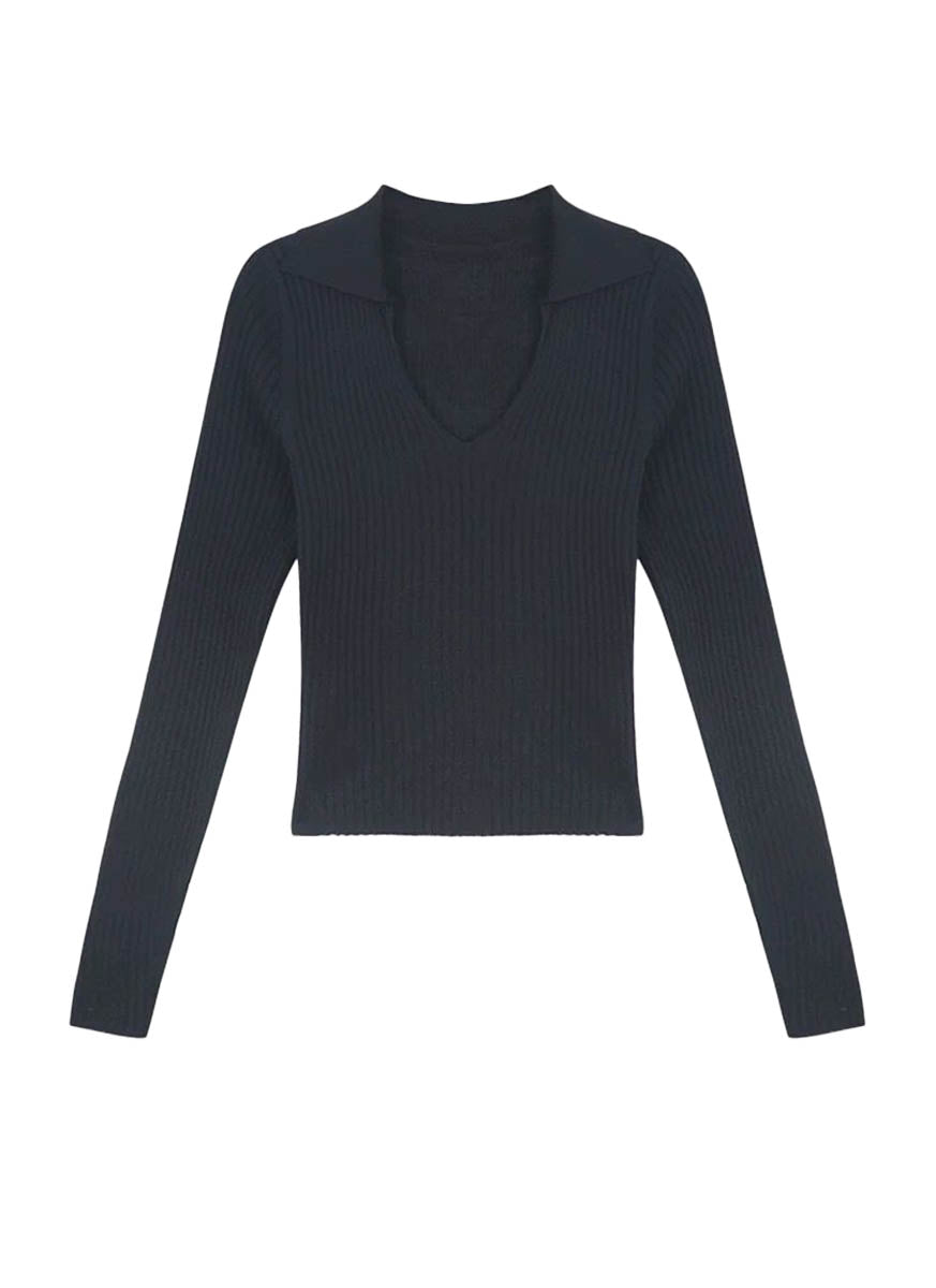 O240032 Knitted Collar V-Neck Long Sleeve Top *Black