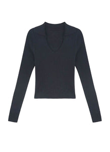 O240032 Knitted Collar V-Neck Long Sleeve Top *Black