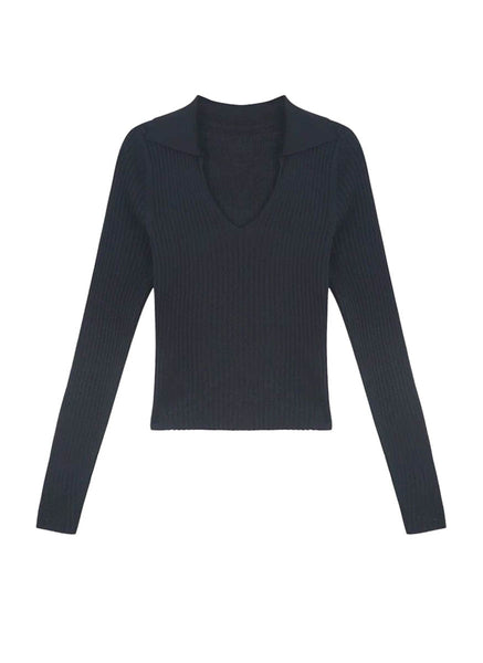 O240032 Knitted Collar V-Neck Long Sleeve Top *Black