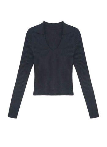 O240032 Knitted Collar V-Neck Long Sleeve Top *Black