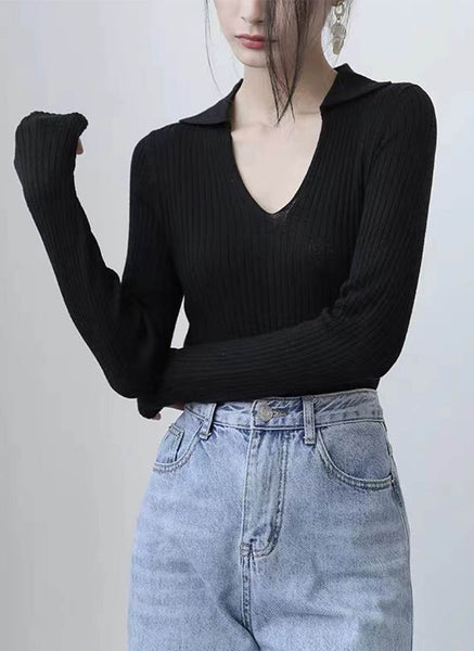 O240032 Knitted Collar V-Neck Long Sleeve Top *Black