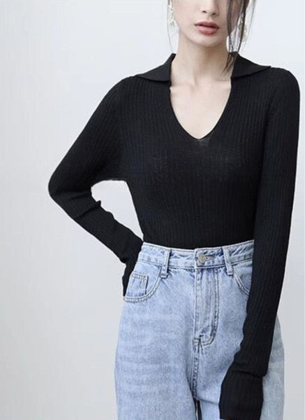 O240032 Knitted Collar V-Neck Long Sleeve Top *Black