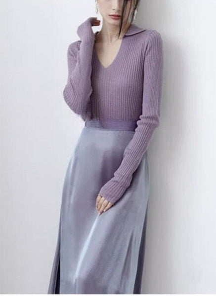 O240032 Knitted Collar V-Neck Long Sleeve Top *Purple