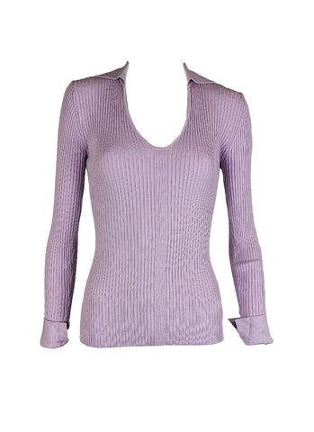 O240032 Knitted Collar V-Neck Long Sleeve Top *Purple