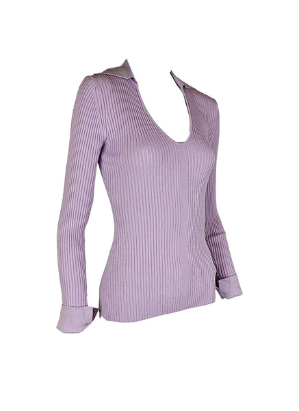 O240032 Knitted Collar V-Neck Long Sleeve Top *Purple