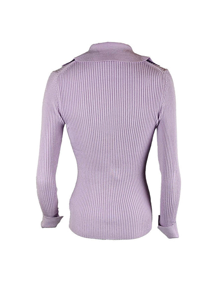 O240032 Knitted Collar V-Neck Long Sleeve Top *Purple