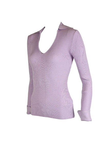 O240032 Knitted Collar V-Neck Long Sleeve Top *Purple