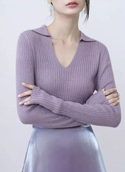 O240032 Knitted Collar V-Neck Long Sleeve Top *Purple