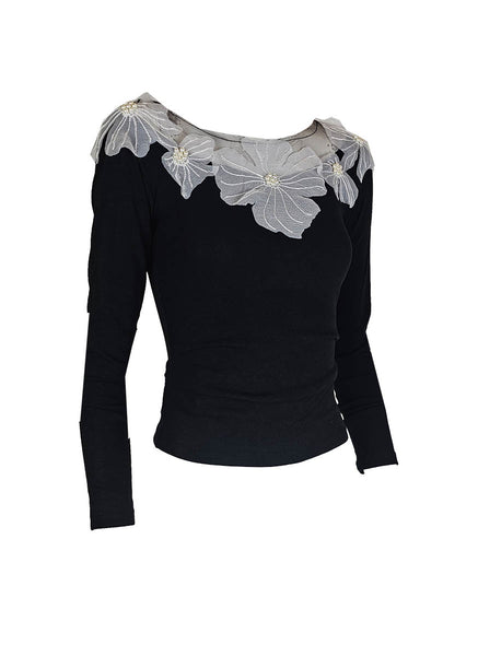 O240038 Floral Knitted Long Sleeve Top *Black