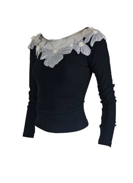 O240038 Floral Knitted Long Sleeve Top *Black