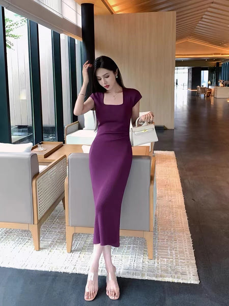 O240040 Knitted Square Neck Dress *Maroon *Backorder