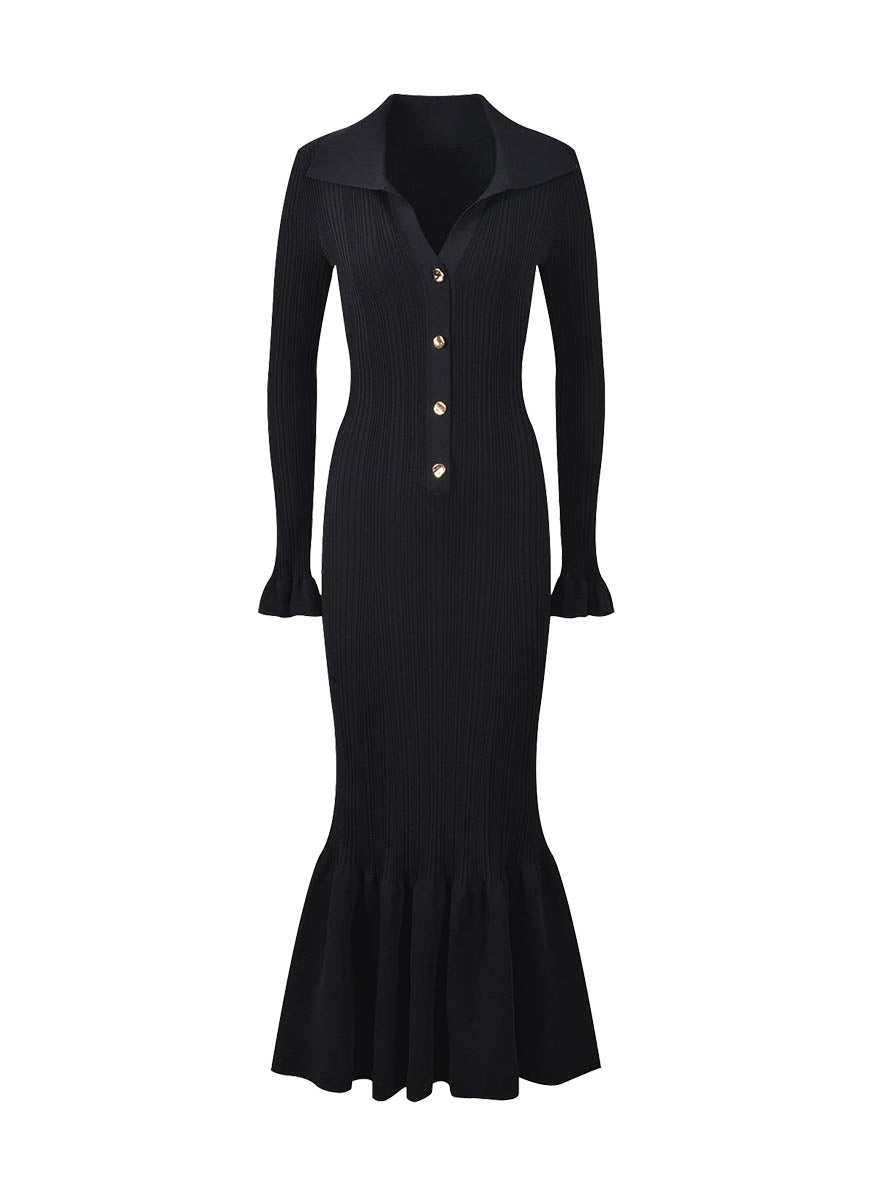 O240042 V-Neck Collar Knitted Long Sleeve Dress