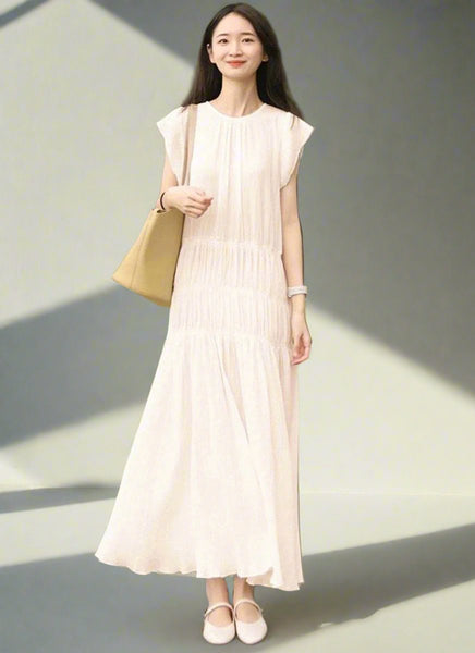 O240060 Cap Sleeve Long Dress *Beige