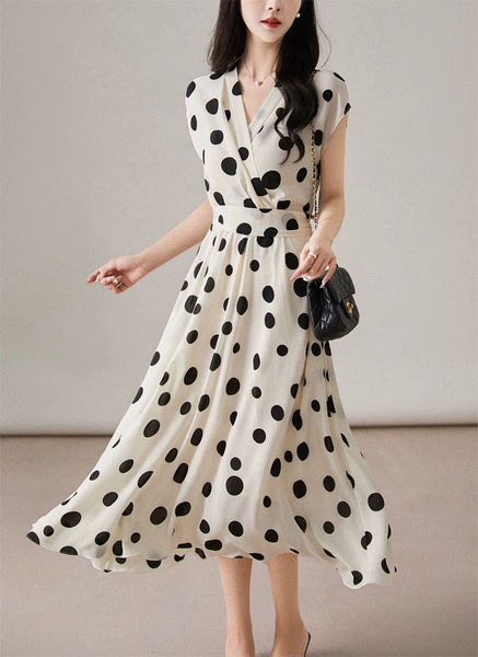 8240032 Polka Dot V-Neck Shoulder Sleeve Dress