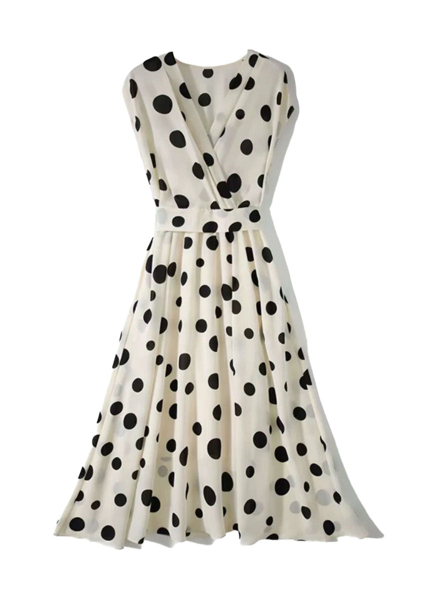 8240032 Polka Dot V-Neck Shoulder Sleeve Dress