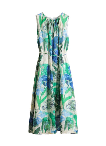 8240031 Floral Printed Ramie Sleeveless Dress *Green