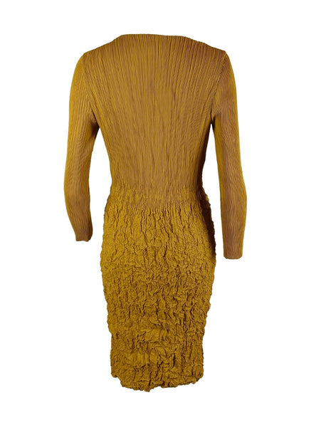 9240011 Two Pockets Long Sleeve Pleats Dress *Yellow