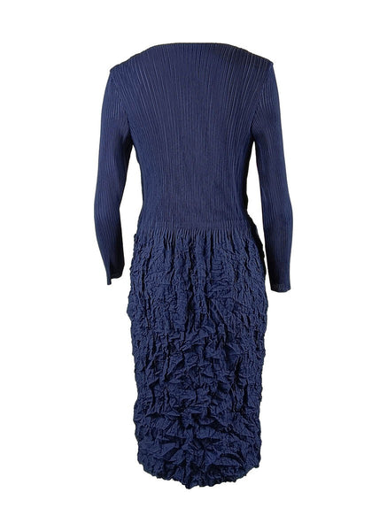 9240011 Two Pockets  Long Sleeve Pleats Dress *Dark Blue