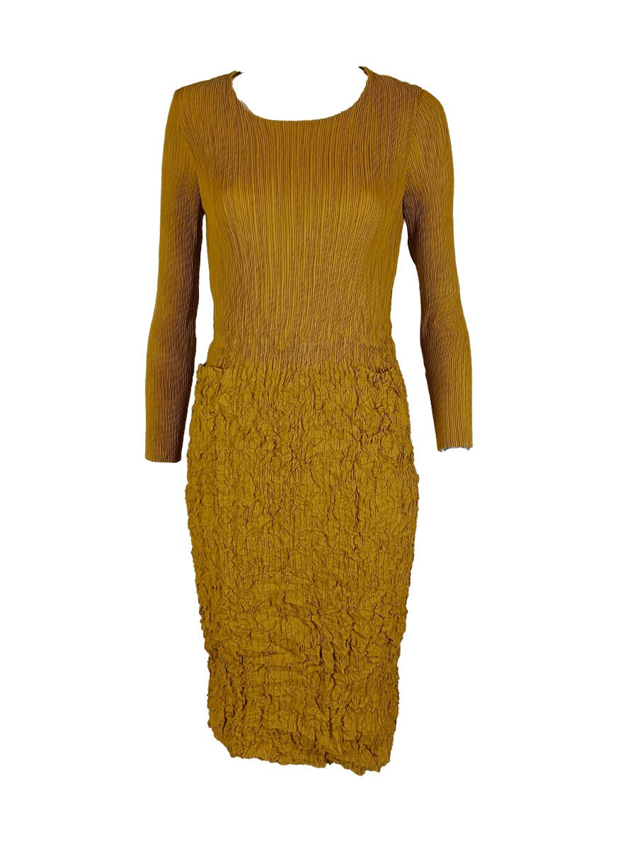 9240011 Two Pockets Long Sleeve Pleats Dress *Yellow