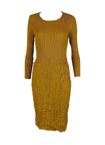 9240011 Two Pockets Long Sleeve Pleats Dress *Yellow