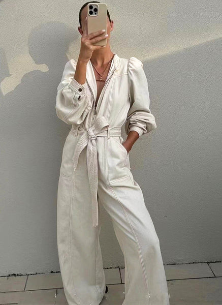 9240019 Denim Zipper Jumpsuits *White