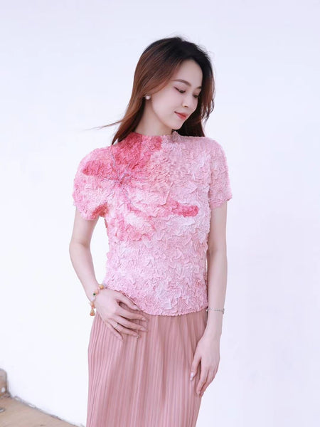 6240033 Floral Printed Pleated Top *Pink *Backorder