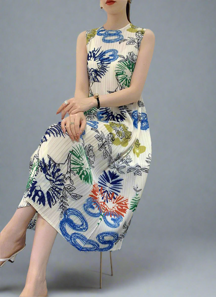 D240002 Floral Printed Sleeveless Pleats Dress