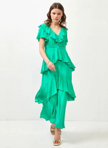 2230066 V-Neck Ruffled Layered Dress *Green