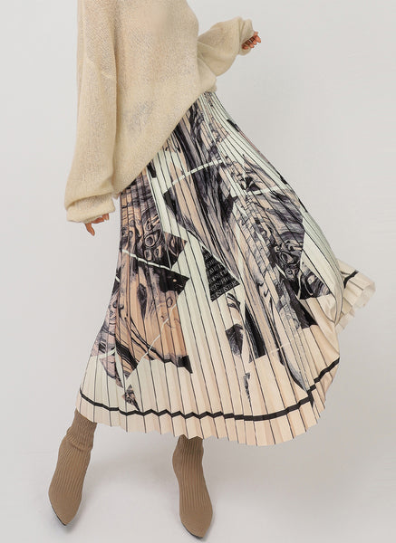 9220016 Elastic Waist Printed Pleats Skirt *Cream *Last Piece