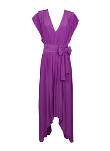 N220073 V-Neck Cap Sleeve Tie Waist Asymmetrical Dress *Purple