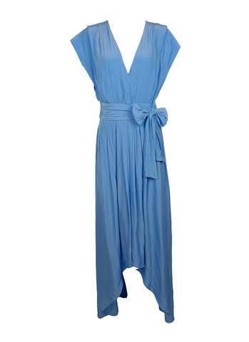 N220073 V-Neck Cap Sleeve Tie Waist Asymmetrical Dress *Sky Blue
