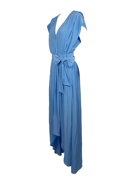 N220073 V-Neck Cap Sleeve Tie Waist Asymmetrical Dress *Sky Blue