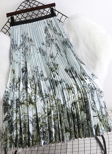 O220006 Bird Printed Pleats Skirt